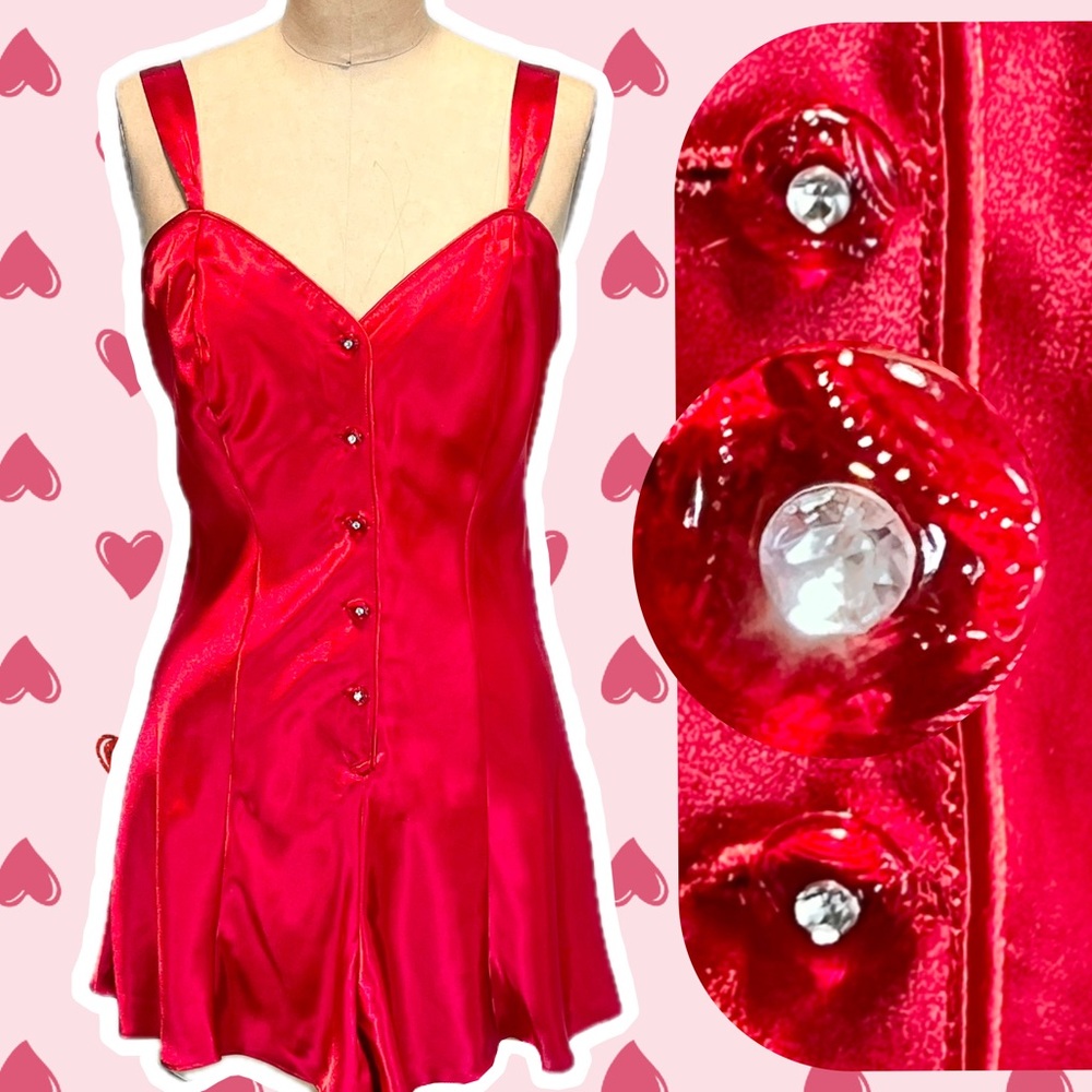 Cacique lingerie one piece negligee romper silky lipstick red button front sexy